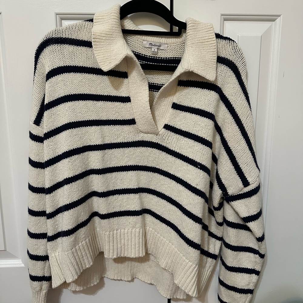 Madewell Cream and Navy Striped V-Neck Sweater